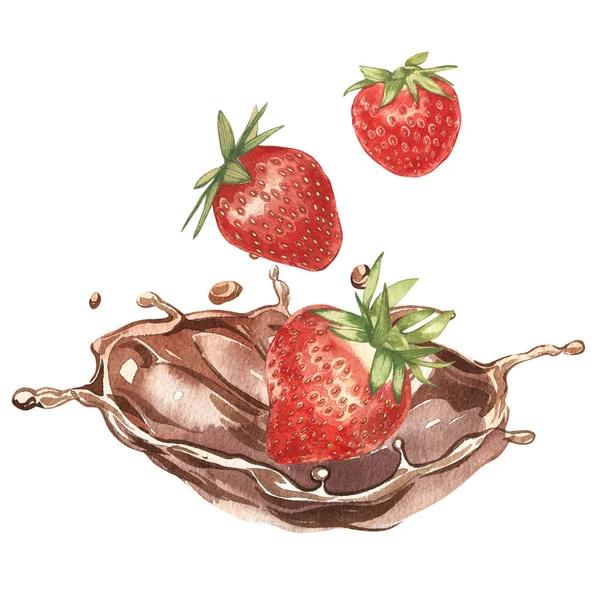 Une fraise rouge vif et mûre avec des morceaux de chocolat. Illustration peinture aquarelle dessinée à la main . — Photo