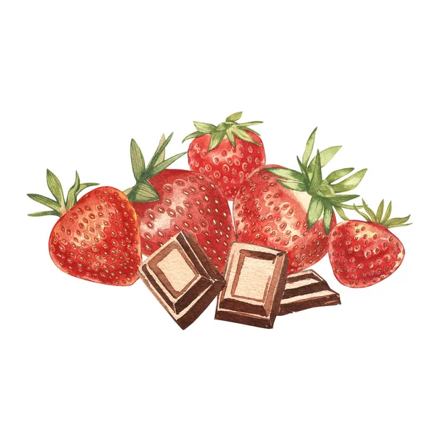 Eine reife, leuchtend rote Erdbeere mit Schokoladenstücken. handgezeichnete Aquarellmalerei Illustration. — Stockfoto