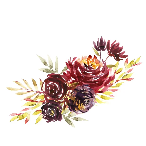 Flowers watercolor illustration. A bouquet with a big red peony and small flowers in bright colors. Watercolor horizontal composition. — Stock Photo, Image