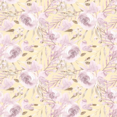 Soluk pembe Gül ve Sarı zemin üzerine gri yapraklarla peonies. Seamless modeli. Romantik Bahçe çiçek illüstrasyon. Solgun renk yoktur.