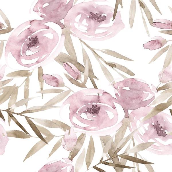 ดอกกุหลาบสีชมพูอ่อนและดอกโบตั๋นที่มีใบสีเทาบนพื้นหลังสีขาว รูปแบบที่ไร้รอยต่อ ภาพประกอบดอกไม้สวนโรแมนติก สีจาง . — ภาพถ่ายสต็อก