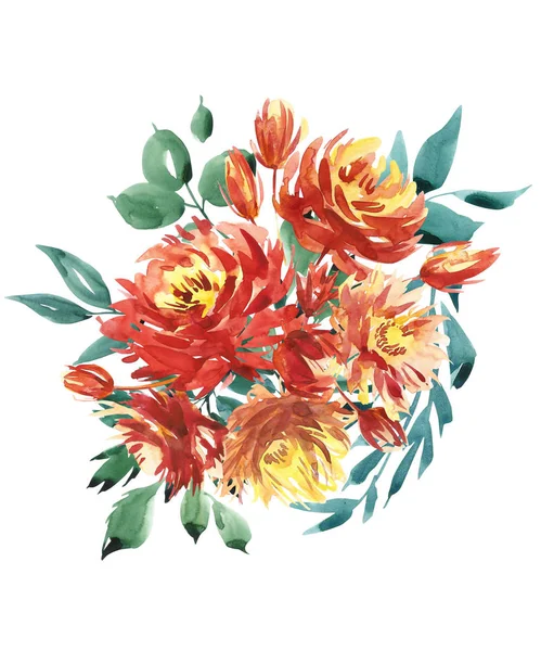 花水彩イラスト。大きな赤牡丹と小さな花が鮮やかな色の花束。水彩はがき組成. — ストック写真