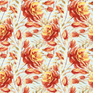 Seamless modeli kırmızı peonies tarafından büyük suluboya çiçekli. Moda için zarif şablon yazdırır. Mavi arka plan.