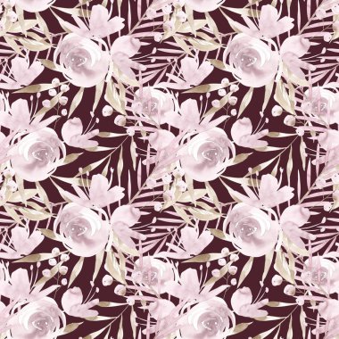 Soluk pembe Gül ve peonies bordo arka planda gri yaprakları ile. Seamless modeli. Romantik Bahçe çiçek illüstrasyon. Solgun renk yoktur.