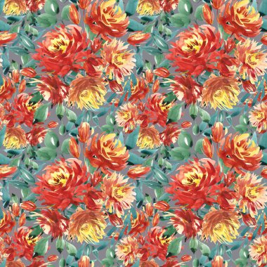 Seamless modeli kırmızı peonies tarafından büyük suluboya çiçekli. Moda için zarif şablon yazdırır. Koyu yeşil yaprakları.