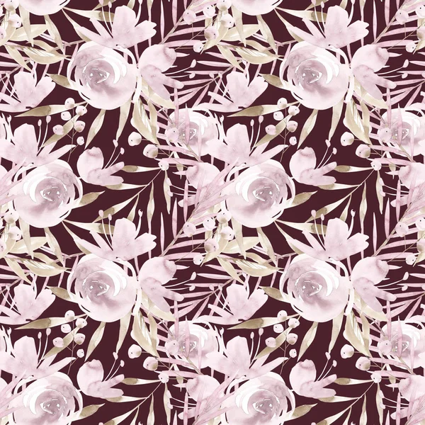 Бледно-розовые пионы с листьями на бургундском фоне. Бесшовный шаблон. Иллюстрация романтических садовых цветов. Увядшие цвета . — стоковое фото