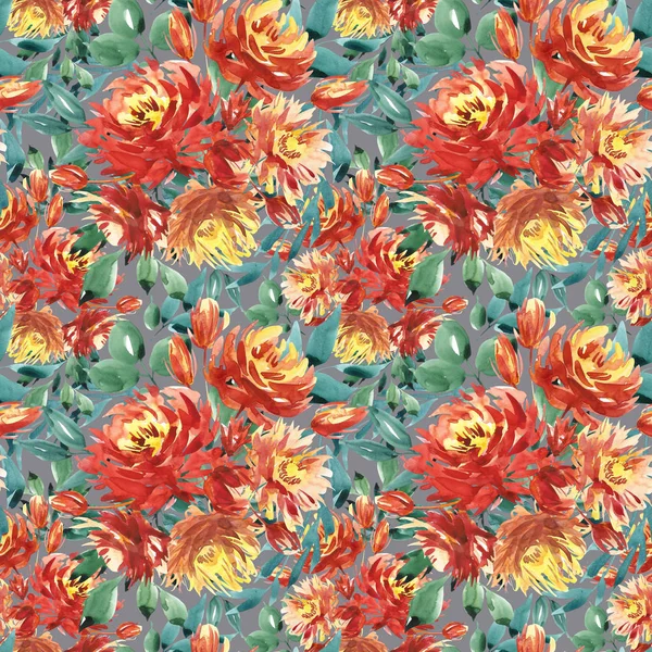 Seamless modeli kırmızı peonies tarafından büyük suluboya çiçekli. Moda için zarif şablon yazdırır. Koyu yeşil yaprakları.