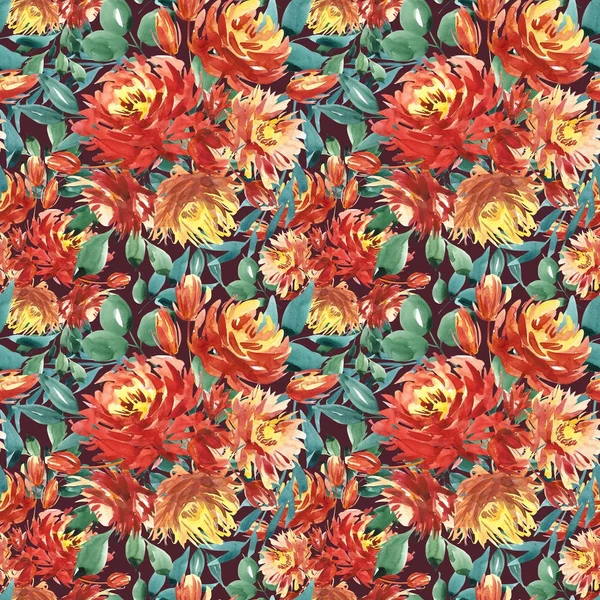 Seamless pattern with large watercolor flowers by red peonies. Elegant template for fashion prints. Dark green leaves. — Stock Photo, Image