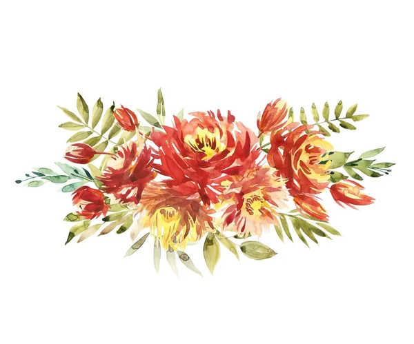 Flores ilustración acuarela. Un ramo con una gran peonía roja y pequeñas flores en colores brillantes. Acuarela composición horizontal . —  Fotos de Stock