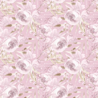 Soluk pembe Gül ve pembe bir arka plan üzerinde gri yapraklarla peonies. Seamless modeli. Romantik Bahçe çiçek illüstrasyon. Solgun renk yoktur.