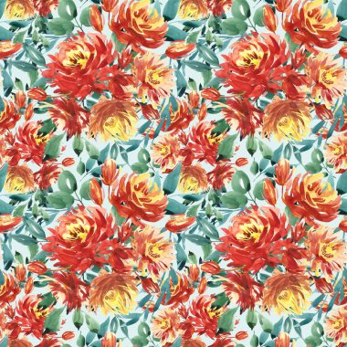 Seamless modeli kırmızı peonies tarafından büyük suluboya çiçekli. Moda için zarif şablon yazdırır. Koyu yeşil yaprakları.