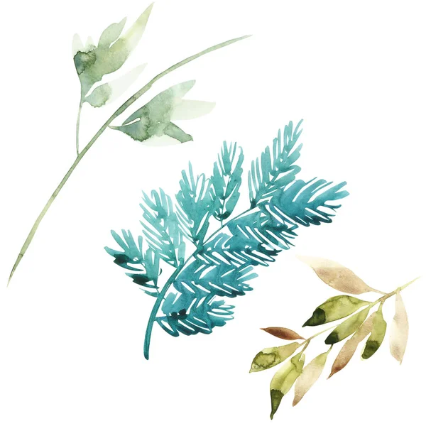 Akvarell blommig set. Färgstark grön blommig samling med blad, teckning akvarell. Uppsättning av blommiga inslag för dina kompositioner. — Stockfoto