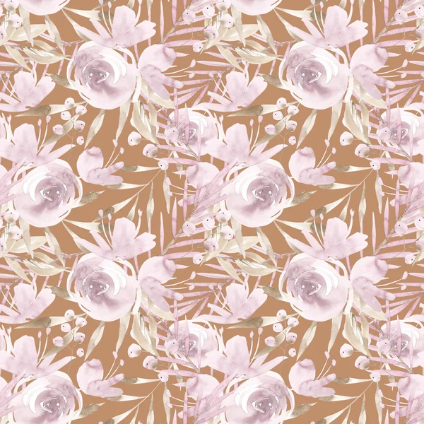 Pale pink roses and peonies with gray leaves on ocher background. Seamless pattern. Romantic garden flowers illustration. Faded colors. — Stock Photo, Image