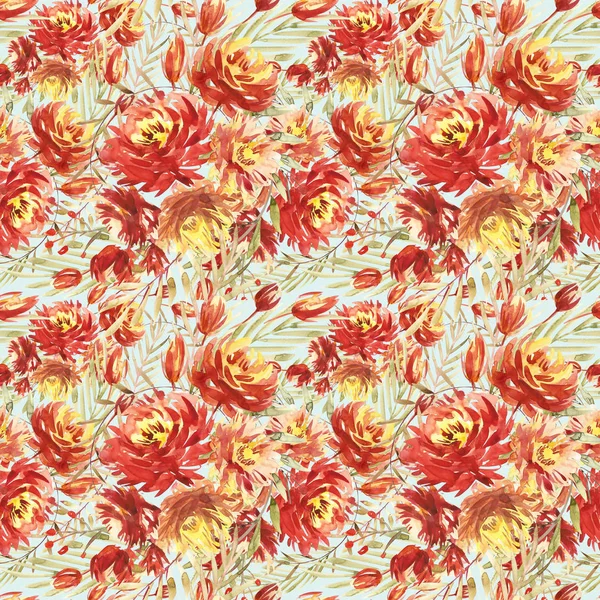 Seamless modeli kırmızı peonies tarafından büyük suluboya çiçekli. Moda için zarif şablon yazdırır. Zeytin yeşili yaprakları.