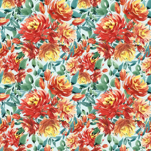 Seamless modeli kırmızı peonies tarafından büyük suluboya çiçekli. Moda için zarif şablon yazdırır. Koyu yeşil yaprakları.