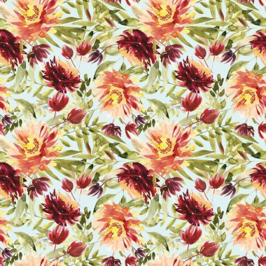 El yapımı suluboya çiçeklerle kusursuz bir yaz deseni..