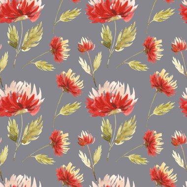 Sevimli çiçek desenli aster çiçek. Motifler rastgele dağılmış. Sorunsuz doku. Moda için zarif şablon yazdırır. Pembe çiçekler ile yazdırma. Gri arka planı.