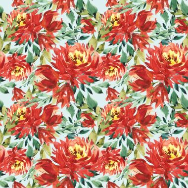 Seamless modeli kırmızı peonies tarafından büyük suluboya çiçekli. Moda için zarif şablon yazdırır. Mavi arka plan.