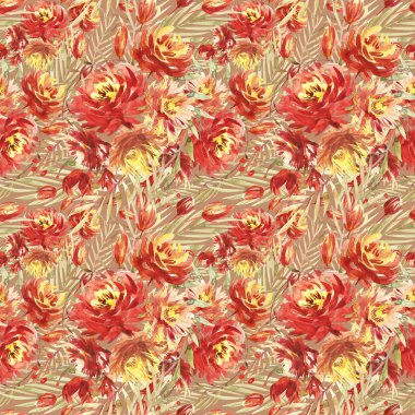Seamless modeli kırmızı peonies tarafından büyük suluboya çiçekli. Moda için zarif şablon yazdırır. Zeytin yeşili yaprakları.