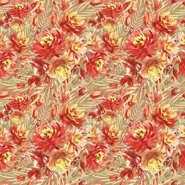 Seamless mönster med stor akvarell blommor av röda pioner. Elegant mall för mode utskrifter. Olivgröna blad. — Stockfoto
