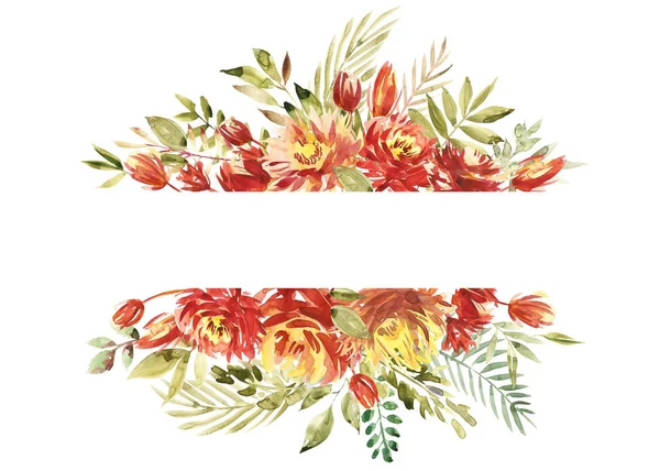 Beautiful watercolor border frame with peony, flower, foliage, branches. Handpainted lovely illustration. Can be used for greeting card, wedding, Birthday and baby cards, invitation. — Stock Photo, Image