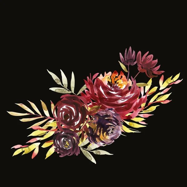 Fleurs aquarelle illustration. Un bouquet avec une grosse pivoine rouge et de petites fleurs aux couleurs vives. Aquarelle composition horizontale . — Photo