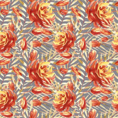 Seamless modeli kırmızı peonies tarafından büyük suluboya çiçekli. Moda için zarif şablon yazdırır. Gri arka planı.