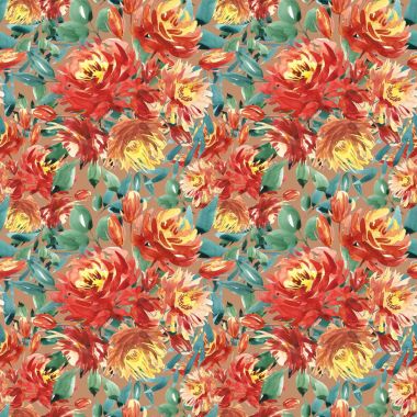 Seamless modeli kırmızı peonies tarafından büyük suluboya çiçekli. Moda için zarif şablon yazdırır. Koyu yeşil yaprakları.