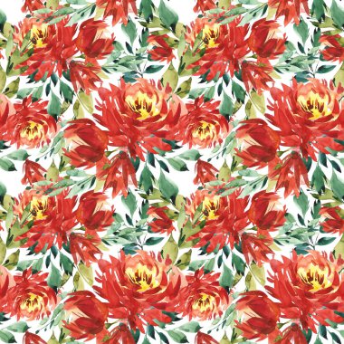 Seamless modeli kırmızı peonies tarafından büyük suluboya çiçekli. Moda için zarif şablon yazdırır. Beyaz arka plan.