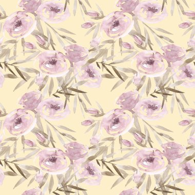 Soluk pembe Gül ve Sarı zemin üzerine gri yapraklarla peonies. Seamless modeli. Romantik Bahçe çiçek illüstrasyon. Solgun renk yoktur.