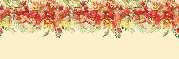 Απομονωμένη απρόσκοπτη σύνορα με κόκκινα λουλούδια, φύλλα. Ακουαρέλα vintage floral μοτίβο. Λαμπερό χρώμα. Απρόσκοπτη floral χείλος, μπάντα για κάρτες, γάμο ή ύφασμα. — Φωτογραφία Αρχείου