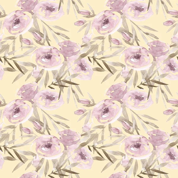 Pale pink roses and peonies with gray leaves on yellow background. Seamless pattern. Romantic garden flowers illustration. Faded colors. — Stock Photo, Image
