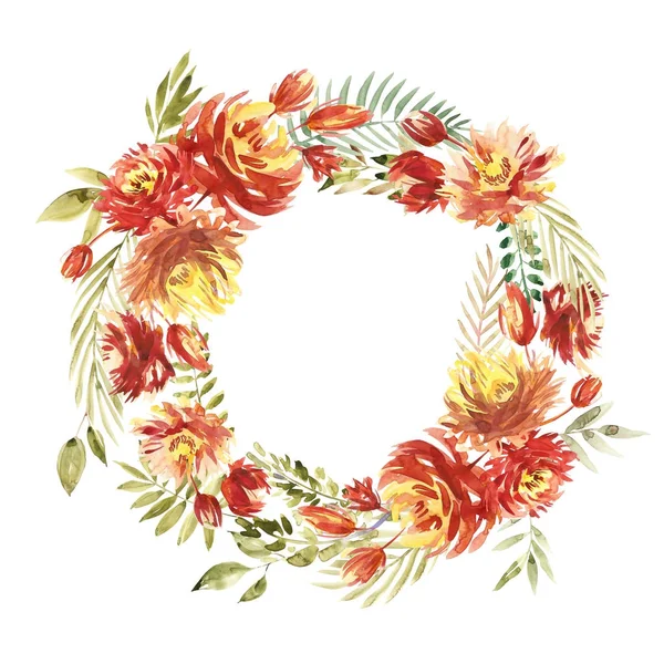 Corona redonda de flores de acuarela. Corona roja circular de Peony. Aislado sobre fondo blanco . —  Fotos de Stock