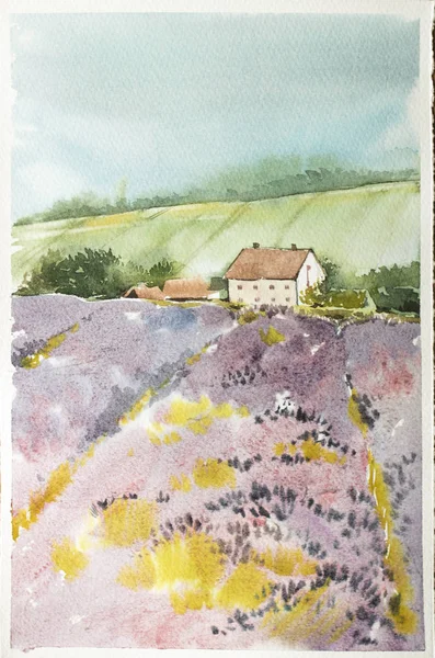 Ochtendzon over het landschap met een Lavendel veld. Aquarel illustratie voor postkaarten, printing, scrabbuking en verschillende achtergronden. Provence bij zonsondergang. Kleine huis. Lente en zomer. — Stockfoto