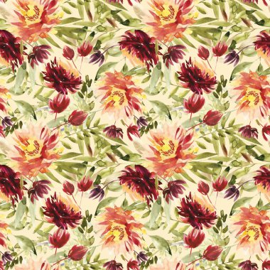 El yapımı suluboya çiçeklerle kusursuz bir yaz deseni..