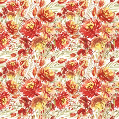 Seamless modeli kırmızı peonies tarafından büyük suluboya çiçekli. Moda için zarif şablon yazdırır. Zeytin yeşili yaprakları.