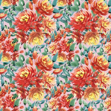 Seamless modeli kırmızı peonies tarafından büyük suluboya çiçekli. Moda için zarif şablon yazdırır. Koyu yeşil yaprakları.