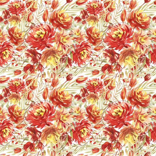 Nahtloses Muster mit großen Aquarellblüten von roten Pfingstrosen. elegante Vorlage für Modedrucke. Olivengrüne Blätter. — Stockfoto