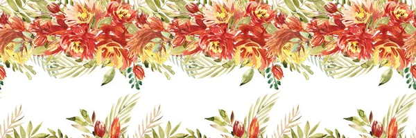 Isolerade sömlös gränsen med röda blommor, blad. Vintage akvarell blommönster. Ljusa färg. Sömlös blommig rim, band för kort, bröllop eller tyg. — Stockfoto