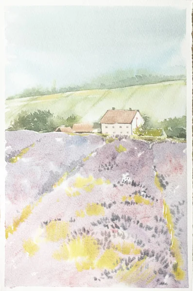 Morning sun over the landscape with a lavender field. Watercolor illustration for postcards, printing, scrabbuking and various backgrounds. Provence at sunset. Small house. Spring and summer. — Stock Photo, Image