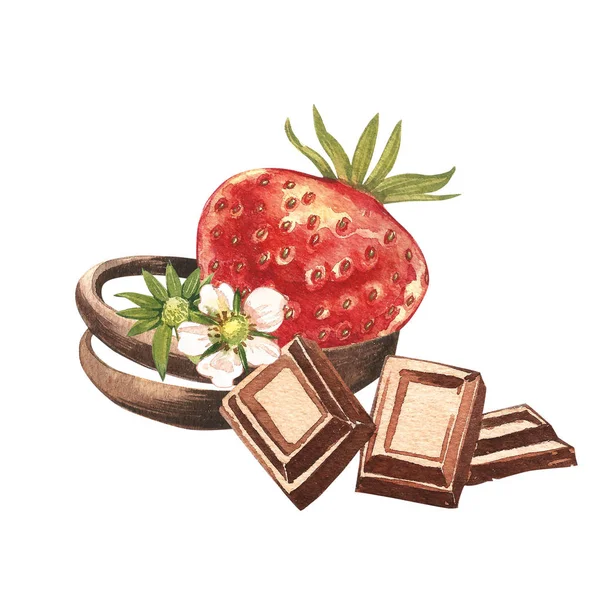 Una fresa madura, de color rojo brillante con trozos de chocolate. Acuarela dibujada a mano pintura ilustración . — Foto de Stock
