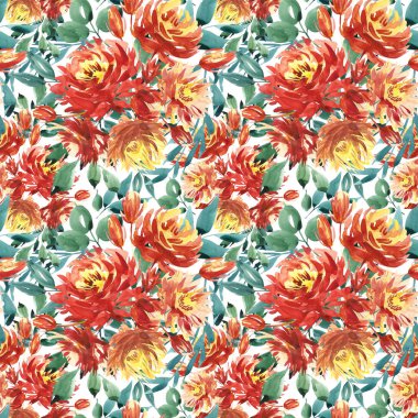 Seamless modeli kırmızı peonies tarafından büyük suluboya çiçekli. Moda için zarif şablon yazdırır. Koyu yeşil yaprakları.