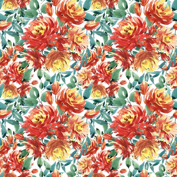 Nahtloses Muster mit großen Aquarellblüten von roten Pfingstrosen. elegante Vorlage für Modedrucke. dunkelgrüne Blätter. — Stockfoto