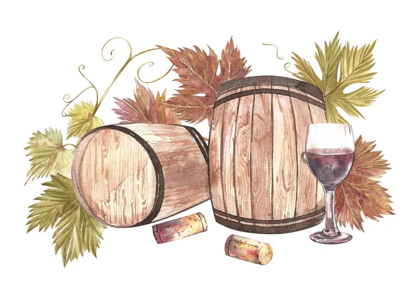 Canne di legno e bicchieri di vino e foglie d'uva, isolate su bianco. Illustrazione acquerello disegnato a mano . — Foto Stock