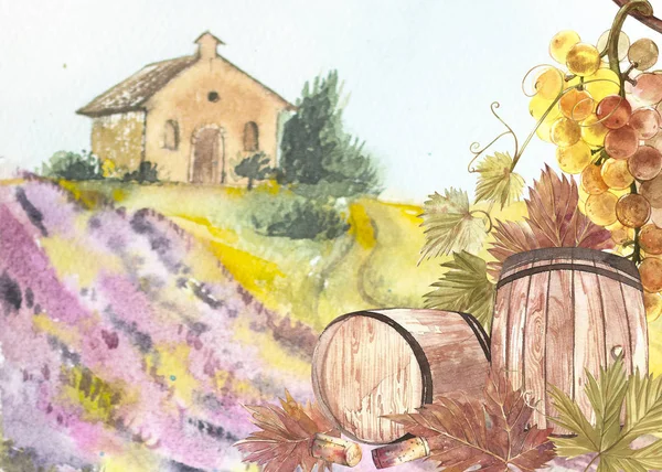 木製の樽とブドウの葉。ラベンダー畑との背景。ポストカード、scrabbuking の水彩画のイラスト。手描き水彩イラスト。ワインのヴィンテージ背景のバナー. — ストック写真