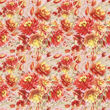 Seamless modeli kırmızı peonies tarafından büyük suluboya çiçekli. Moda için zarif şablon yazdırır. Zeytin yeşili yaprakları.