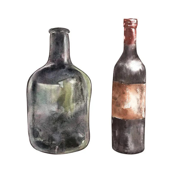 Množina A lahví vína. Izolované na bílém pozadí. Ručně tažené akvarel ilustrace. — Stock fotografie