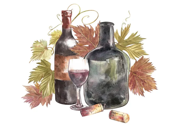 Μπουκάλια και ποτήρια κρασί και φύλλα σταφυλιών, απομονωμένα σε λευκό. Χέρι που ακουαρέλα εικονογράφηση. — Φωτογραφία Αρχείου