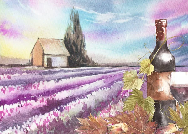 Bouteilles et feuilles de raisins. Fond avec un champ de lavande. Illustration aquarelle pour cartes postales, scrabbuking. Illustration aquarelle dessinée à la main. Bannières de fond vintage de vin . — Photo