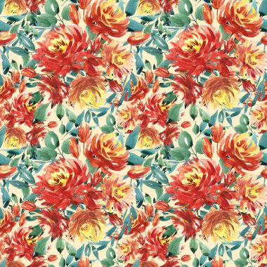 Seamless modeli kırmızı peonies tarafından büyük suluboya çiçekli. Moda için zarif şablon yazdırır. Koyu yeşil yaprakları.